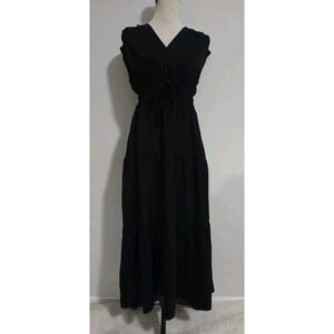 Rachel Zoe Boho V-neck Tiered Maxi Cotton Dress Black Date Night Workwear‎